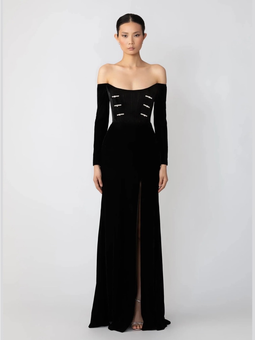 Off-Shoulder Black Velvet Evening Gown